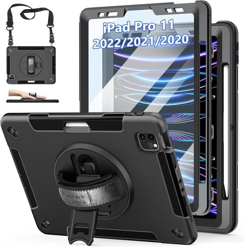 Case for iPad Pro 11 Inch 2022/2021/ 2020/2018: Military-Grade Silicone Cover for iPad 11 Inch 4th/ 3rd/ 2nd/ 1st/ Generation with Stand- Handle- Shoulder Strap- Pencil Holder- Black in Kuwait