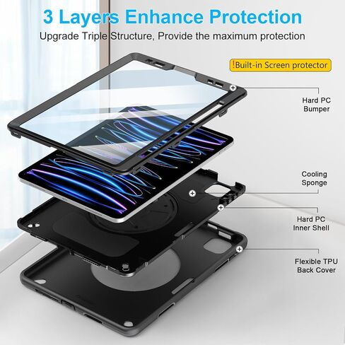 Case for iPad Pro 11 Inch 2022/2021/ 2020/2018: Military-Grade Silicone Cover for iPad 11 Inch 4th/ 3rd/ 2nd/ 1st/ Generation with Stand- Handle- Shoulder Strap- Pencil Holder- Black in Kuwait