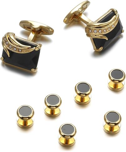 Simple Black Agate Tuxedo Cufflinks & Studs Set Basic Silver Formal Set YW40SET in Saudi Arabia