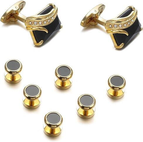 Simple Black Agate Tuxedo Cufflinks & Studs Set Basic Silver Formal Set YW40SET in Saudi Arabia