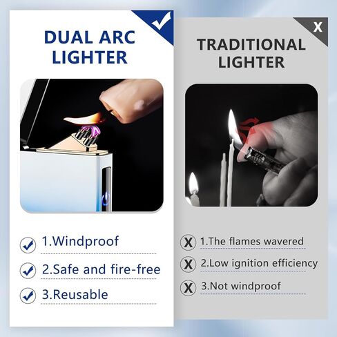 ولاعة كهربائية قابلة لإعادة الشحن عبر USB ولاعة قوسية مزدوجة مع شاشة ذكية تعمل باللمس ولاعة بلازما مقاومة للرياح للشمعة ولاعة رائعة مع مؤشر بطارية LED هدية مميزة للرجال والنساء (أسود + سماوي) in Kuwait