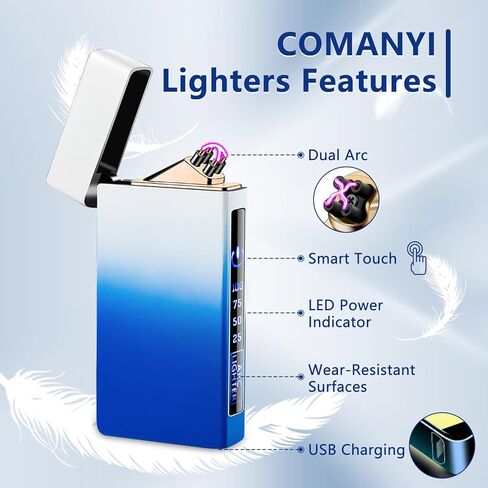 ولاعة كهربائية قابلة لإعادة الشحن عبر USB ولاعة قوسية مزدوجة مع شاشة ذكية تعمل باللمس ولاعة بلازما مقاومة للرياح للشمعة ولاعة رائعة مع مؤشر بطارية LED هدية مميزة للرجال والنساء (أسود + سماوي) in Kuwait