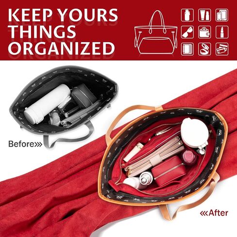 GoTiling Purse Organizer Insert For Handbags, Suede Velvet Handbag Organizer Insert with Zipper, Medium Tote Bag Organizer Insert with 11 Pockets, Bag Tote Shaper fit Neverful MM, Red in Saudi Arabia