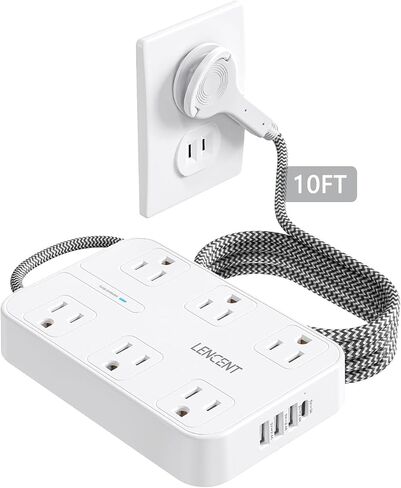 LENCENT 2 Prong Power Strip, 3 to 2 Prong Outlet Adapter, Two Prong Surge Protector, 6ft Braided Extension Cord with Thin Flat Polarized Plug, 6 AC&4 USB(1 Type-C), Wall Mount for Non-Grounded Outlet in Kuwait