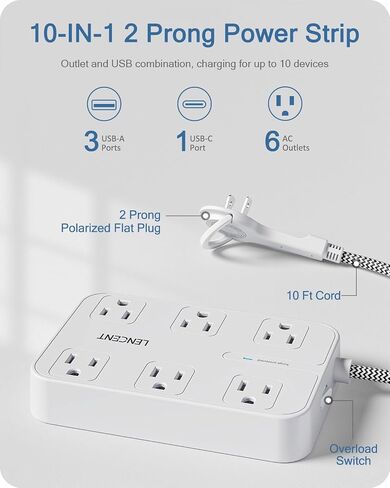 LENCENT 2 Prong Power Strip, 3 to 2 Prong Outlet Adapter, Two Prong Surge Protector, 6ft Braided Extension Cord with Thin Flat Polarized Plug, 6 AC&4 USB(1 Type-C), Wall Mount for Non-Grounded Outlet in Kuwait