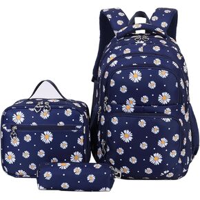 goldwheat Daisy Printed Backpacks With Lunch Pack Pencil Case 3pcs, Lightweight Water Resistant Bookbag For Middle School
