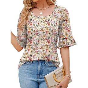 Womens 3/4 Sleeve Shirts Summer Square Neck Bell Sleeve Tops Business Casual Loose Tunic Work Dressy Blouses