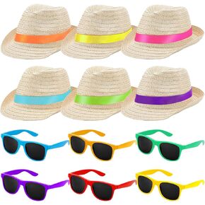 Newcotte 12 Pcs Fedora Hats with 12 Pcs Party Sunglasses Fedora Party Hats for Men and Women Panama Hat Summer Beach Hats Pool Beach and Cuban Party Supplies