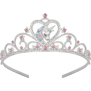 SWEETV Unicorn Princess Tiaras for Girls, Crystal Kids Crown Headband, Birthday Party Hats, Halloween Costume Hair Accessories