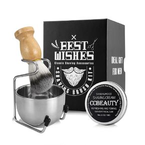 CCbeauty Mens Shaving Brush and Bowl Set, 4-in-1 Bristle Shave Brushes Kit with Stainless Steel Shaving Bowl & Soap Mug, Safety Razor Stand, Birthday Dad Gifts Set for Men, Black Soap 3.5Oz