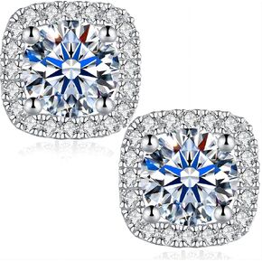 Tunzug Square Halo 2ct / Double Moissanite Stud Earrings 18K White Gold Plated 925 Sterling Silver Lab Round Cut Brilliant D Color VVS1 Clear Moissanite Diamond Stud Earrin
