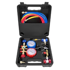 3 Way AC Manifold Gauge Set, Fits for R134A R12 R22 and R502 Refrigerants, with 5FT Hose, Acme Tank Adapters, Quick Couplers and Can Tap