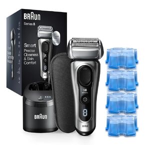 Braun Electric Razor for Men, Series 8 8467cc Electric Foil Shaver with Precision Beard Trimmer, Cleaning & Charging SmartCare Center, Galvano Silver with Clean & Renew Refill Cartridges, 6 Count