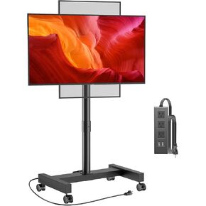 Perlegear Rolling TV Stand with Power Outlet for 26-50 inch TVs up to 55 lbs, Tilting Mobile TV Cart Portrait to Landscape, 8 Height Settings, Mobile TV Stand with Wheels, Max VESA 300x300mm, PGTVMC19