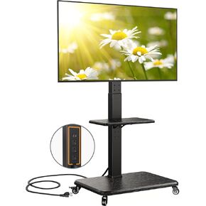 Perlegear Mobile TV Stand with Power Outlet, Tilt & Swivel Rolling TV Cart for 32 to 65 70 75 inch TVs up to 110 lbs, Height Adjustable Rolling TV Stand with Wheels, Max VESA 600x400mm, PGTVMC17