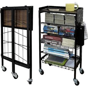 Lumizone Foldable Book Cart 6-Tier Large Capacity Bookshelf Single Sided V-Shaped Sloped Shelves With brake Wheels With PegBoard Slim Rolling Utility Cart Storage Rack, Home Shelves and Office (White)