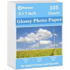 5x7 photo paper, 105 Sheets Glossy Photo Paper, photo paper for printer, Inkjet Photo Paper, Instant Dry Picture Paper for DIY Chip Bag, Flyers, Cards, Calendars and Brochures(180gsm/48lb)
