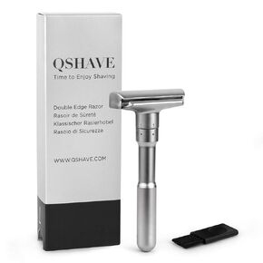 QSHAVE Premium Quality Adjustable Double Edge Safety Razor 700 (1 Razor, 1 Stand, 1 Leather Protective Sleeve & 5 pcs Titanium Coated Blades)
