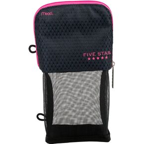 Five Star Pencil Pouch, Pen Case, Storage Organizer for School Supplies Earbuds Chargers Cables Makeup, Stand 'N Store, Fits 3 Ring Binder, Navy/Pink (505160B-ECM)