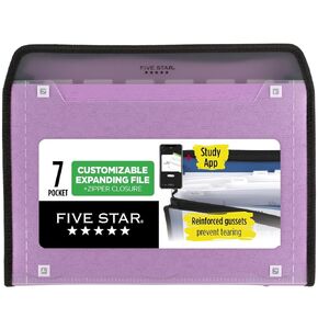 Five Star Expanding File Organizer + Study App, 7-Pocket Accordian File Organizer, Zipper Closure, Holds 11" x 8-1/2", Amethyst Purple (350099G-ECM)