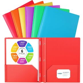 6 Folders with Pockets and Prongs, 2 Pocket 3 Prong Folders with Business Card Holder, Plastic Heavy Duty File Folders for Documents Business Office School Supplies, Letter Size 6 Bright Colors