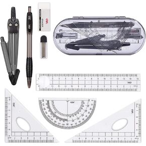 Mathematical Geometry Set,Essential Tools For School,Geometry Compass Sets,EducationalSupplies,Maths Protractor Set, Ruler Set, Pencil, Eraser, Sharpener for School.(8-Piece Set，Black)