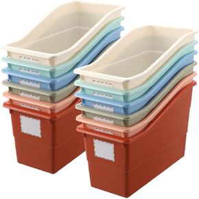 Suzile 6 Pcs Book Storage Bins with Labels Plastic Boho Folder Magazine File Holder Interlocking for Office Classroom Home book Organizer Container (Classic Colors)
