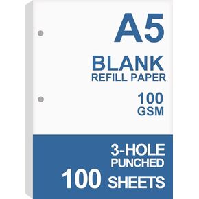 A5 Filler Paper, 3 Hole Planner Refills, Organizer, Binders, Total 100 Sheets/200 Pages, 100gsm, Blank, White Paper, 5.8 x 8.2 Inch, 3 Hole Filler Paper, Mini Binder Refills