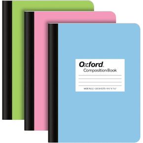 Oxford Composition Notebooks, 9-3/4 x 7-1/2 Inch School Journals, Wide Ruled Paper, Pastel Color Covers, 100 Sheets per Book, 3 Pack (1002519)