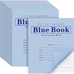 50 Pack Exam Blue Book, 8.5" x 7", 8 Sheets 16 Pages, Wide Ruled Saddle Stitched Examination Book for School Home Business Office