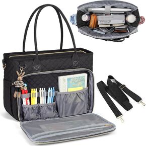 RAINSMORE Teacher Tote Bag 15.6 inch Laptop Bag for Women Work Bag Laptop Tote Nurse Bag Professional Computer Messenger with Insulated Pocket, Laptop Briefcase for Office, College, Nursing, Black