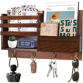 Primo Lines Wall Mounted Mail Organizer with Key Hooks, Letter Holder with Key Hooks,Solid Wood Storage with Key Rack for Coats, Dog Leashes Rustic Home Decor for Entryway Hallway Doorway