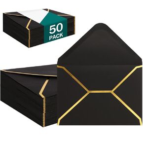 (50 Pack 5x7 Inch) Black Envelopes for Invitations with Gold Border, Self Adhesive A7 Envelopes with V-Flap, Great for Graduation, Invitation, Baby Shower, Wedding and RSVP Cards
