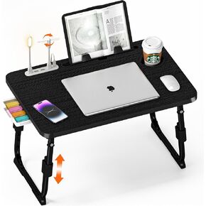 Laptop Desk for Bed Height Adjustable, Lap Bed Table with USB/Storage Drawer/Cup Holder/Tablet Stand/Book Shelf, Foldable Breakfast Tray Portable for Reading Writing, Bed, Sofa & Floor, Black