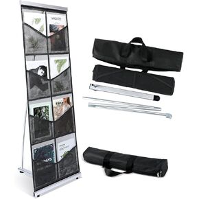 Outus Mesh Literature Brochure Holder with 8 Pocket Portable Magazine Display Roll Up Magazine Rack Lightweight Floor Standing Catalog Office Brochure Display Stand for Business Trade Shows (Black)