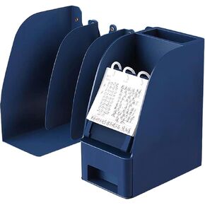 Adjustable Bookends with Drawer and Pen Holder, Anti-Slip Design Expandable Book Ends for Desk, Office(Blue, 23.23 inches Max)