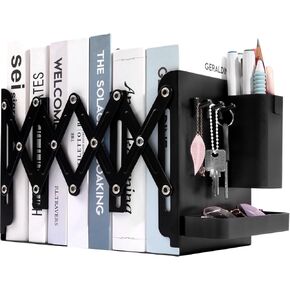 Adjustable Bookends, 19" Metal Book Ends for Heavy Books, 2 Dividers Bookends with Removable Pen Holder, Tray, and 3 Hook-up, Book Organizer for Office, School, Bookstore, Home