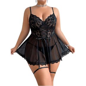 WDIRARA Women's Plus Size Floral Mesh Bow Front Babydoll Lingerie Dress Chemise and Thong