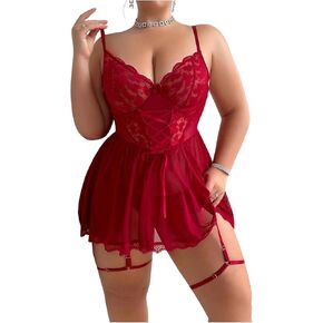 WDIRARA Women's Plus Size Floral Mesh Bow Front Babydoll Lingerie Dress Chemise and Thong