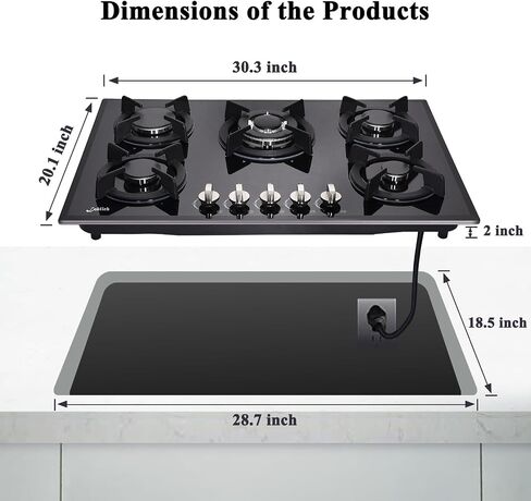 30 Cooktop gas, 5 Burners gas stovetop 30 inch,Gas Stove Gas Hob Stovetop Tempered Glass Cooktop Cast Iron Grates Built-in Gas Stove Top LW5G01 LPG/NG Gas Cooktop Black in Saudi Arabia
