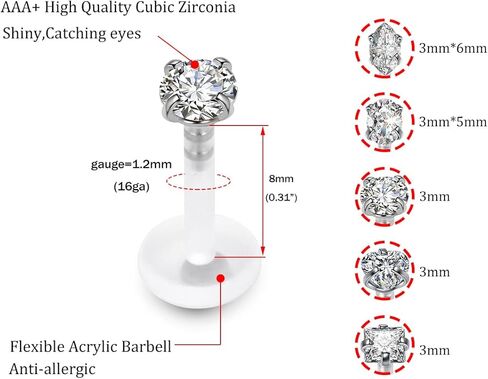 16G حلقات الشفاه الشفافة البلاستيكية Bioflex Labret ترصيع مكعب زركونيا أوبال الغضروف الزنمة أقراط التجنيب للعمل مونرو ميدوسا هيليكس هيئة ثقب المجوهرات in Kuwait
