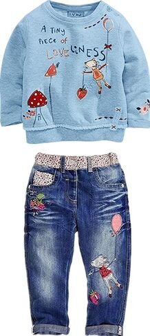 Toddler Girl Clothes Baby Girl Long Sleeve Top + Jeans Pants with Pockets | Toddler Girl Clothes Baby Girl Long Sleeve Shirt + Jeans Pants with Pockets Fall Winter Outfits Cartoon Clothing Set in Saudi Arabia