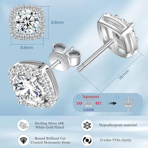 Tunzug Square Halo 2ct / أقراط مويسانيتي مزدوجة 18 قيراط مطلية بالذهب الأبيض 925 فضة استرليني قطع مستديرة رائعة D اللون VVS1 أقراط مرصعة بالماس مويسانيتي شفاف in Kuwait