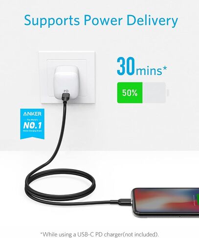 انكر كيبل USB C الى لايتنينج، باورلاين II [10 قدم، عبوتان معتمد من ابل] سلك شحن طويل للغاية لايفون 12 برو ماكس 12 11 برو X XS XR 8 بلس ايربودز برو، يدعم توصيل الطاقة (ابيض) in Kuwait