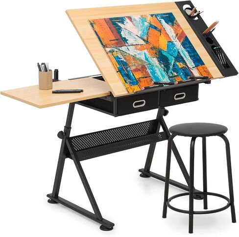 MoNiBloom Drafting Table on Wheels with Storage & Side Tray - Adjustable 0-65° Glass Tabletop, Replaceable Feet Art Desk in Kuwait
