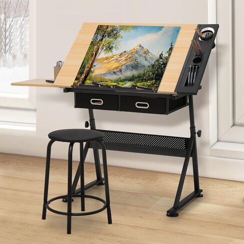MoNiBloom Drafting Table on Wheels with Storage & Side Tray - Adjustable 0-65° Glass Tabletop, Replaceable Feet Art Desk in Kuwait