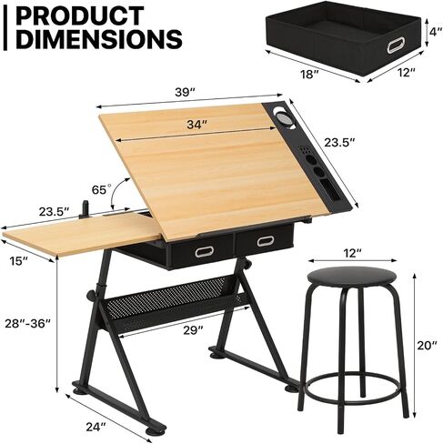 MoNiBloom Drafting Table on Wheels with Storage & Side Tray - Adjustable 0-65° Glass Tabletop, Replaceable Feet Art Desk in Kuwait