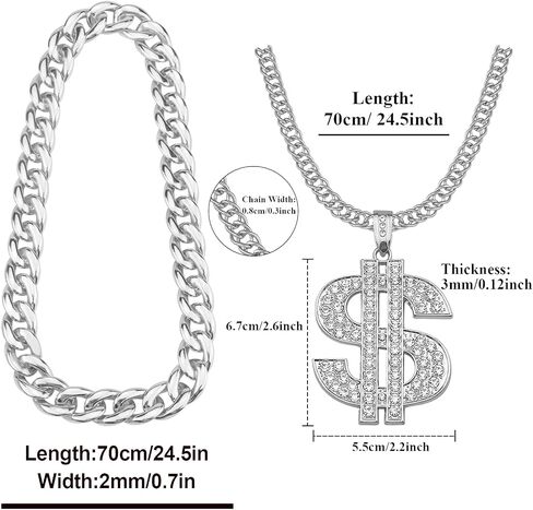 Riuziyi 2 Pcs Dollar Sign Pendant Necklace Plastic Fake Chain Set Small Acrylic Hip Hop Rapper Faux Chunky Chain for 80s 90s Costume Jewelry Punk Style for Men Women in Kuwait