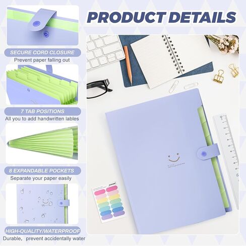Expanding File Folder, 8 Pockets Accordion File Organizer, A4 Letter Size Paper Document Receipt Organizer Accordian Filing Folder for Classroom, Home, Office and Travel(Purple) in Saudi Arabia