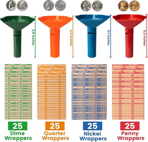 أنابيب فرز العملات المعدنية 4 ألوان، أنابيب عدادات العملات المشفرة للأرباع والدايمات والنيكل والبنسات، مع أغلفة عملات معدنية متنوعة in Kuwait